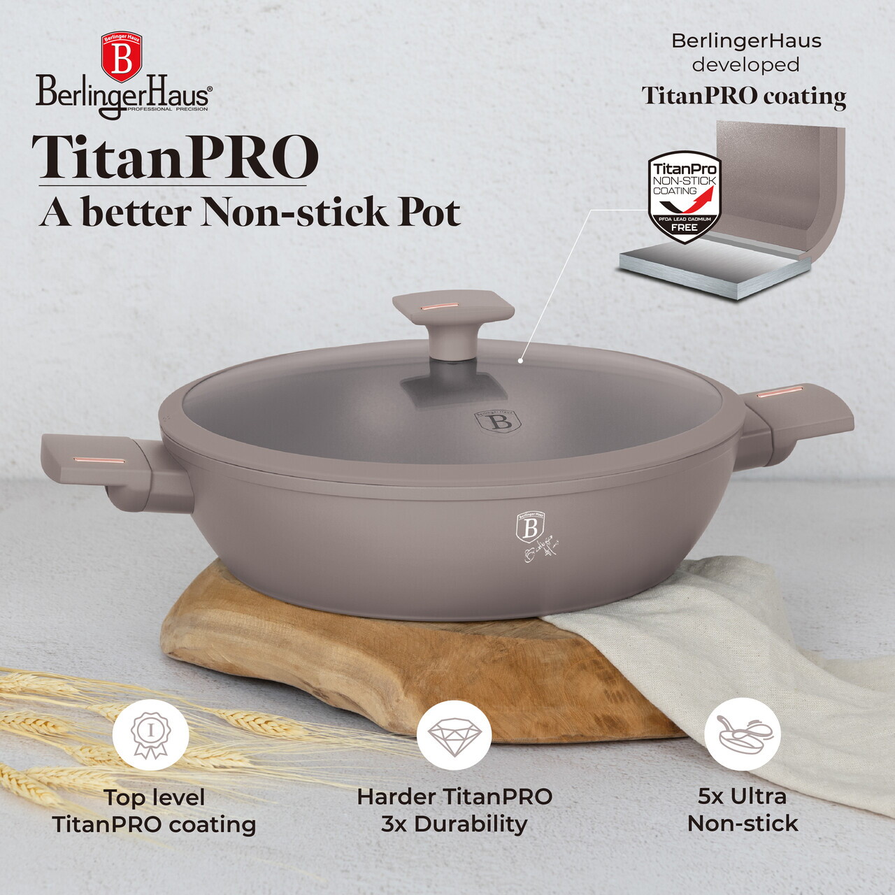 Oala cu capac Berlinger Haus, Taupe, 30 cm, 4.5 L, aluminiu forjat, taupe mat - imagine 7