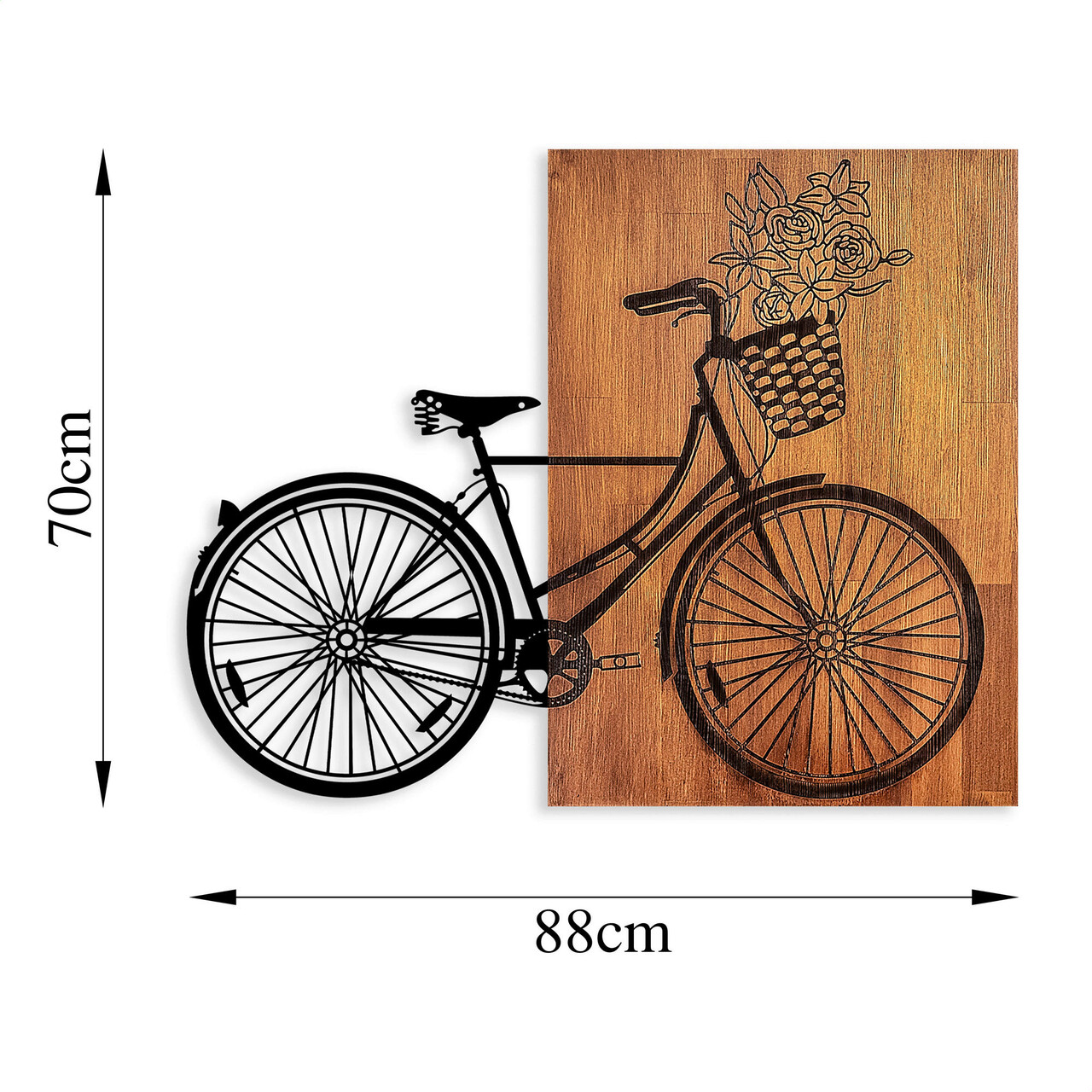 Decoratiune de perete, Historical Floral Bike, Lemn/metal, Dimensiune: 88 x 70 cm, Nuc / Negru