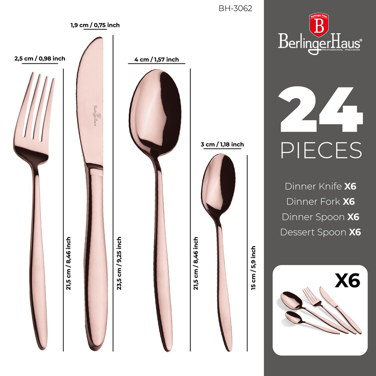 Set tacamuri 24 piese Berlinger Haus, Cutlery, inox, roz - imagine 5