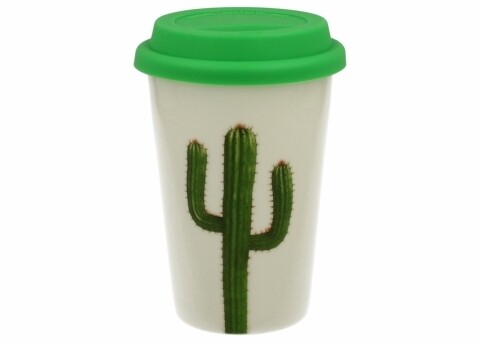 Cana cu capac de silicon Cactus A, Duo, 380 ml, portelan, verde