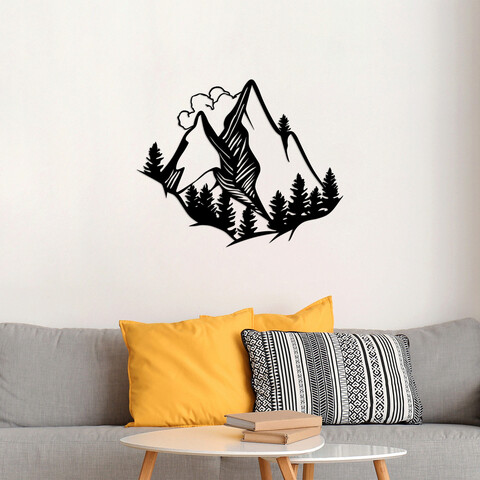 Decoratiune de perete, mountain view, metal, dimensiune: 70 x 57 cm, negru