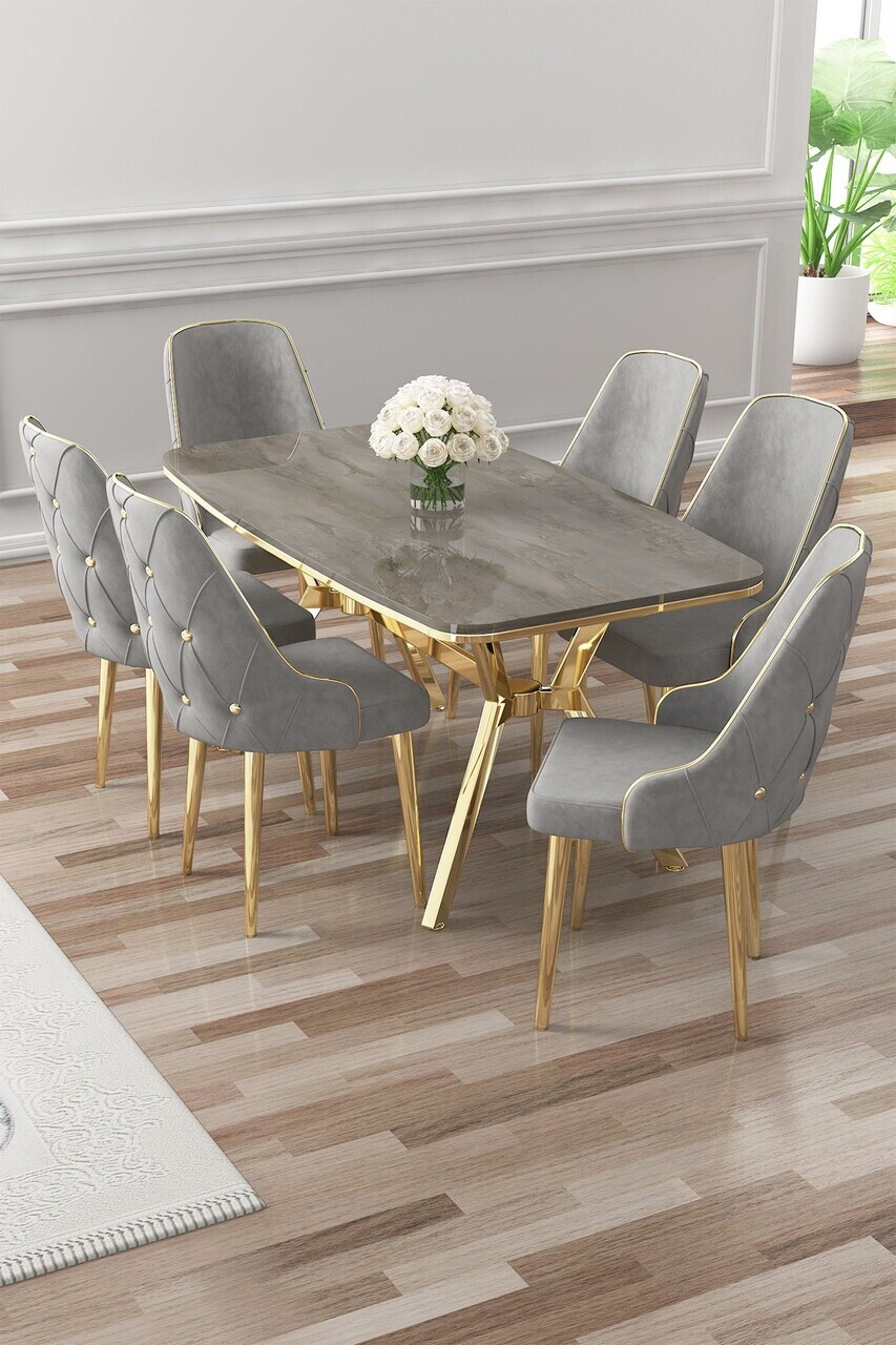 Set masa si scaune (7 piese), Hanah Home, Asel, Antracit / Auriu / Gri