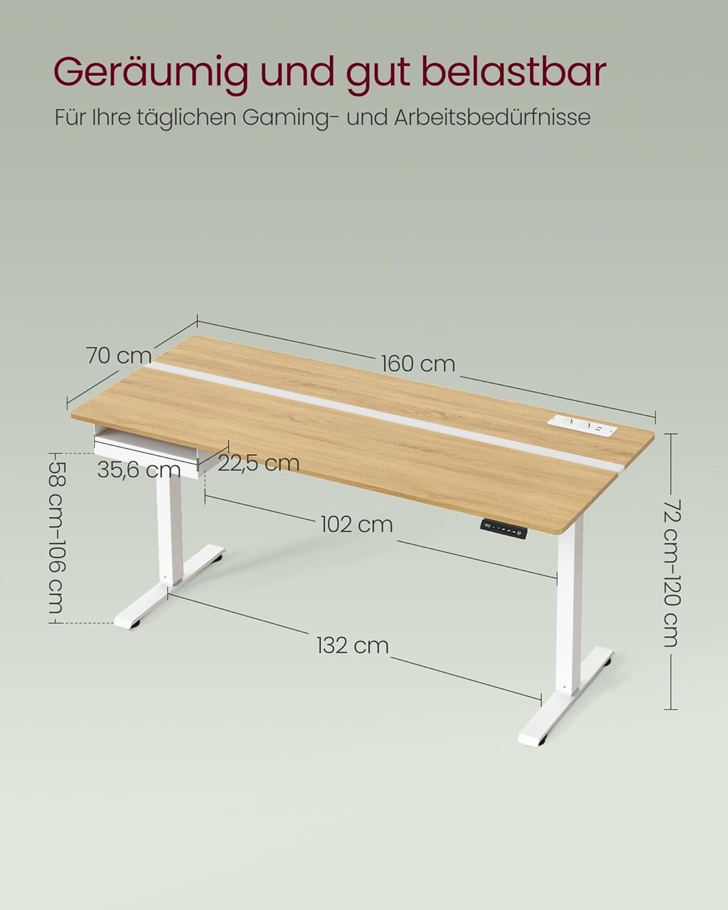 Birou electric cu inaltime ajustabila, Vasagle, 160x70x72-120 cm, PAL/otel, alb/natural