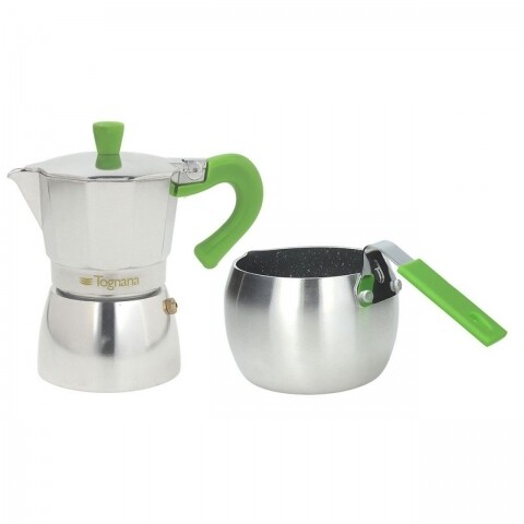 Poza Set cafetiera si fierbator lapte Grancucina, Tognana, aluminiu, argintiu/verde