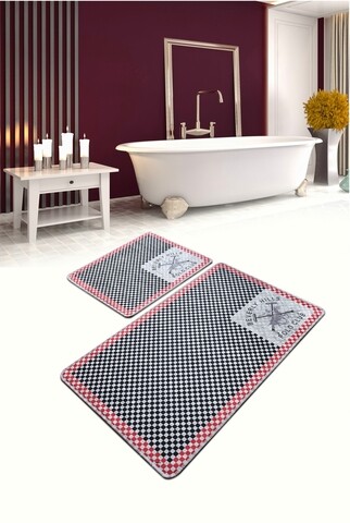 Set 2 covorase de baie Red DJT, Beverly Hills Polo Club, 60×100 cm/50×60 cm, catifea, gri/rosu imagine noua 2022