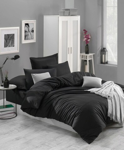 Lenjerie de pat dubla 3 piese, fresh color - black, enlora home, bumbac ranforce