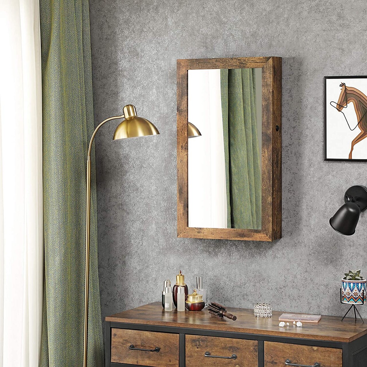 Dulapior de bijuterii cu oglinda, Songmics, cu fixare pe perete, 37x10x67 cm, MDF/catifea, maro - imagine 2