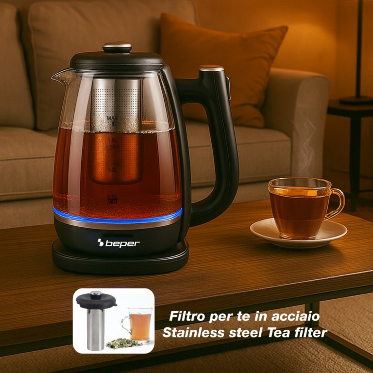 Fierbator 2 in 1 pentru apa si ceai Beper, 1.8 L, 22.5x17x25.5 cm, 2200 W, sticla/plastic/inox, negru/transparent - view 4