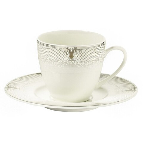 Set 6 cesti + 6 farfurii, Kutahya Porselen, BNKL12CT4309281, 80 ml, portelan, alb/argintiu Kutahya Porselen
