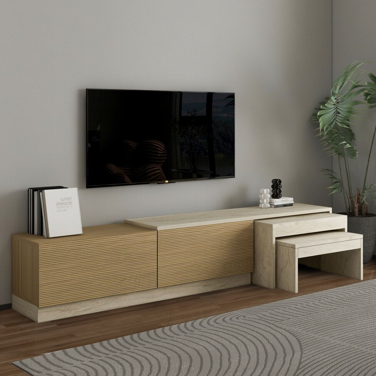 Comoda TV, Hanah Home, Nest, 180x36x30 cm, PAL, Travertin / Stejar cald — imaginea 2
