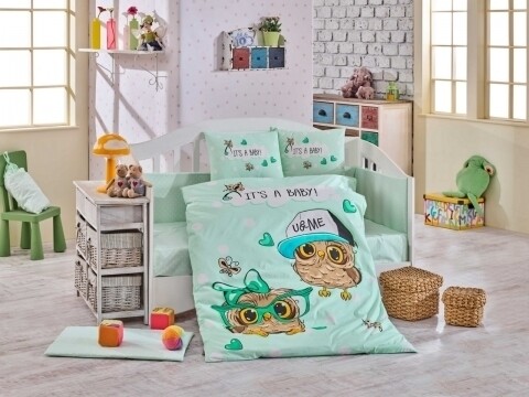 Lenjerie de pat pentru copii, 4 piese, 100% bumbac poplin, Hobby, Coolbaby, verde Hobby