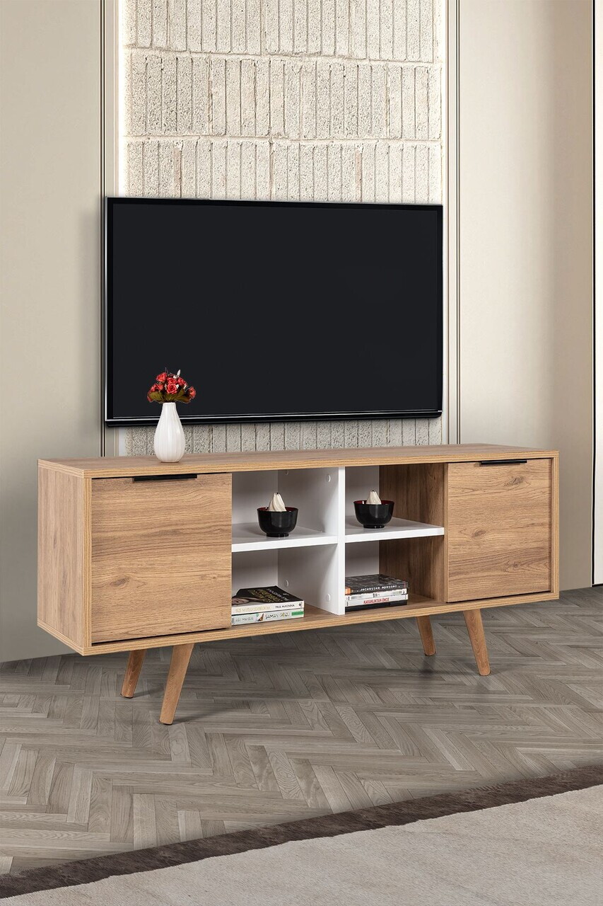 Comoda TV, Hanah Home, Sina 3321, 130x59x35 cm, PAL, Stejar Safir / Alb — imaginea 4