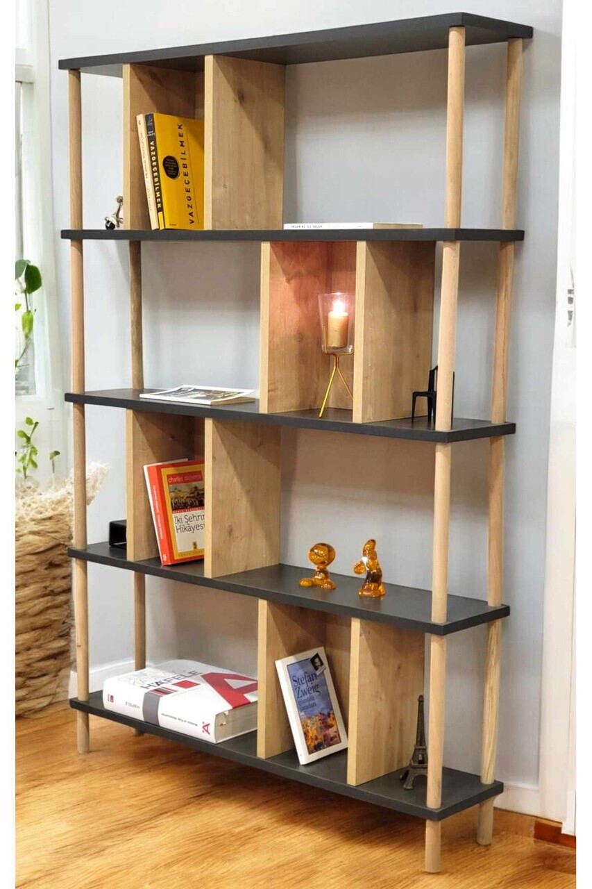 Corp biblioteca Hanah Home Peka-0045 90x137x20 cm PAL Antracit / Stejar
