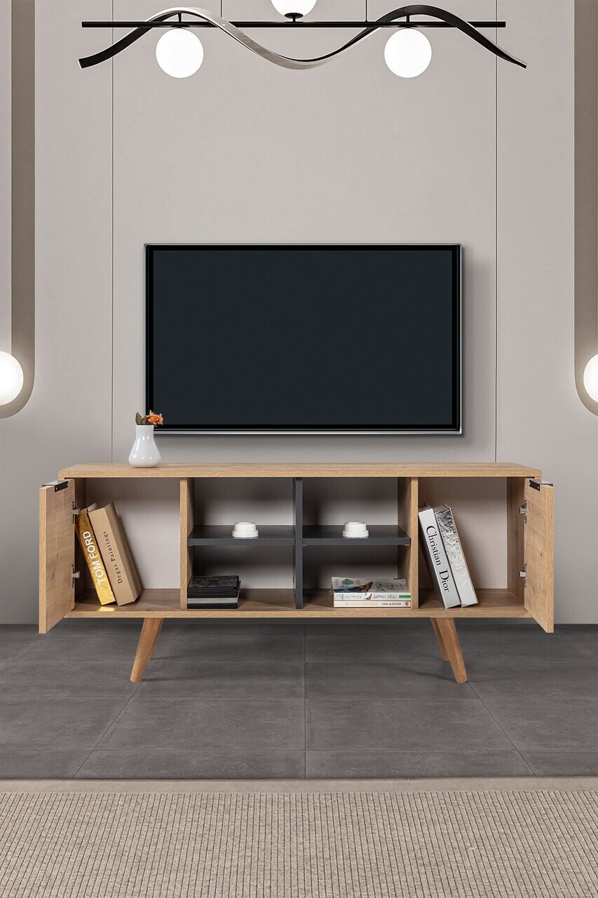 Comoda TV, Hanah Home, Sina 3319, 130x59x35 cm, PAL, Stejar safir / Antracit — imaginea 2