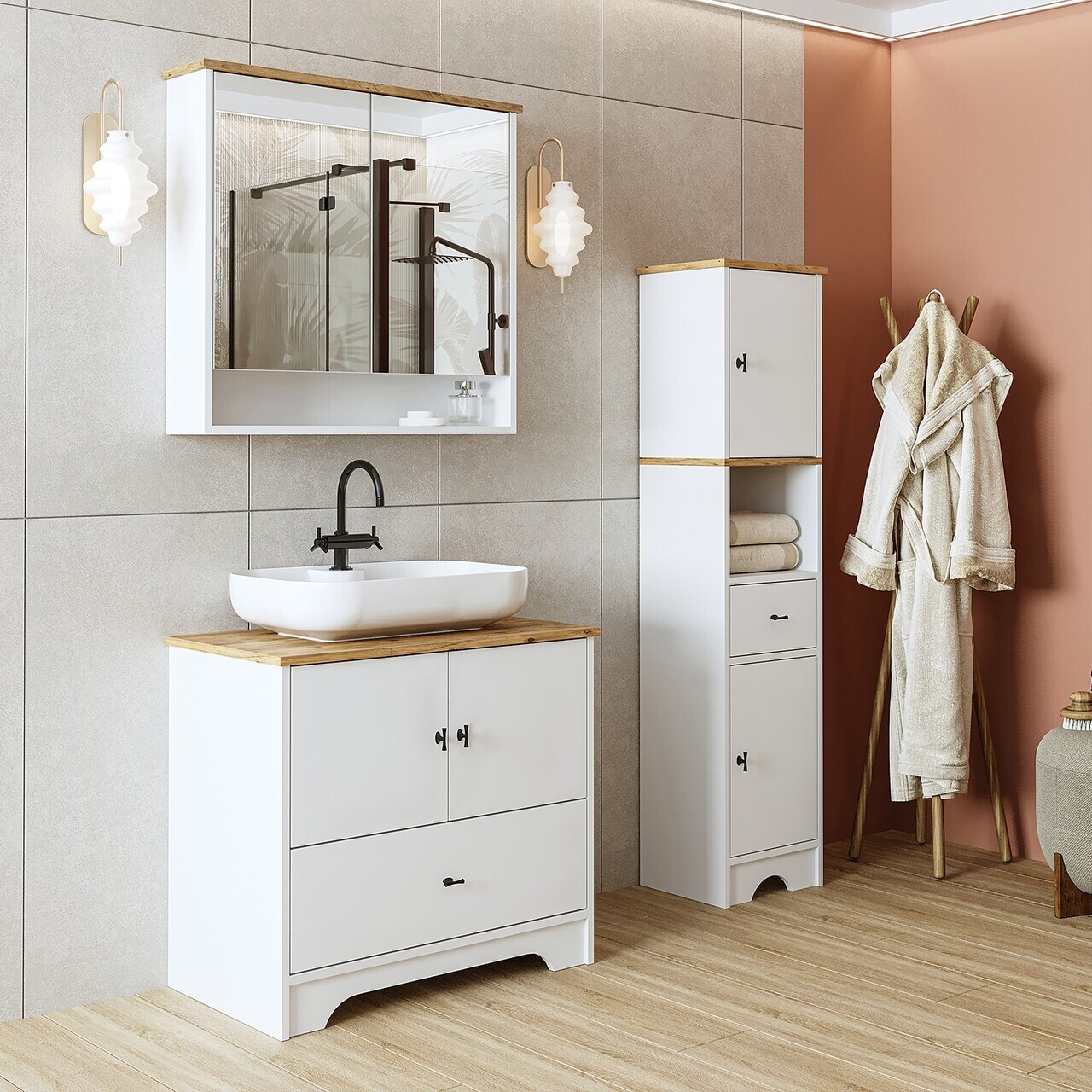 Set Dulap de Baie cu Chiuvetă și Oglindă (3 Piese), Hanah Home, 2394, MDF-LAM, Alb mat