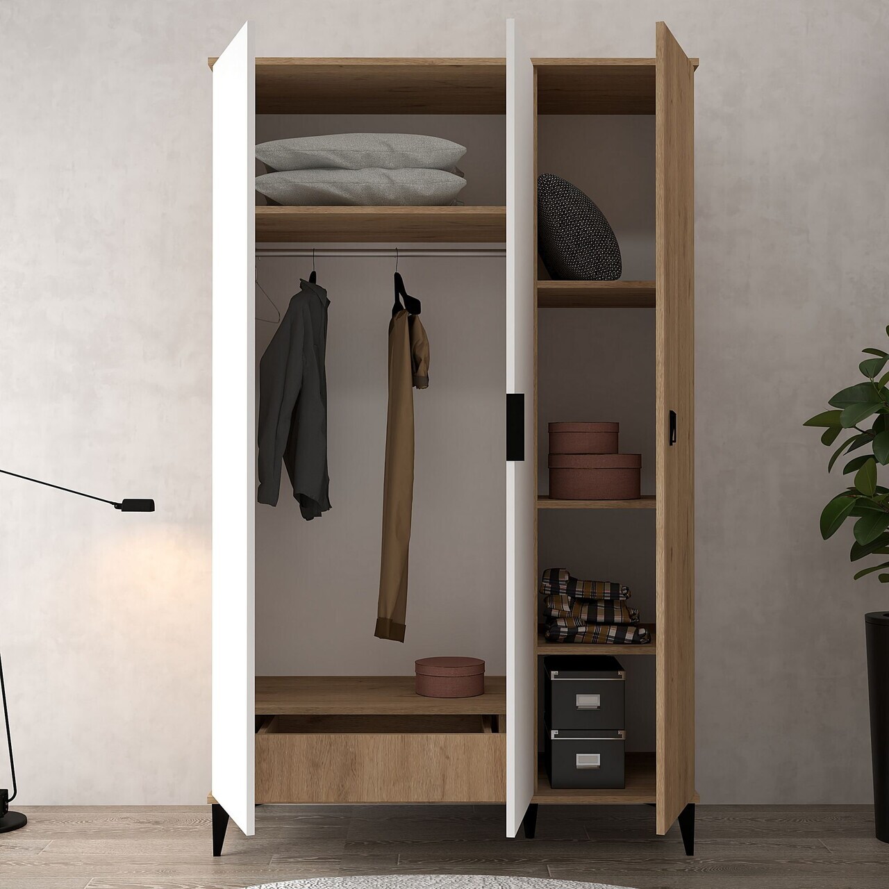 Dulap pentru haine, Hanah Home, Neva 6303, PAL, Stejar Safir / Alb — imaginea 2