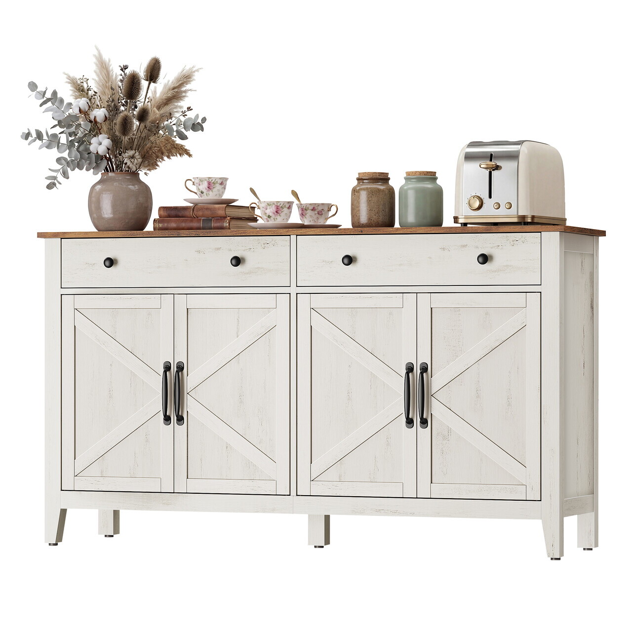 Comode moderne Bufet cu 4 usi si 2 sertare, Country Style, Vasagle, 140x40x80 cm, MDF/PAL, alb rustic