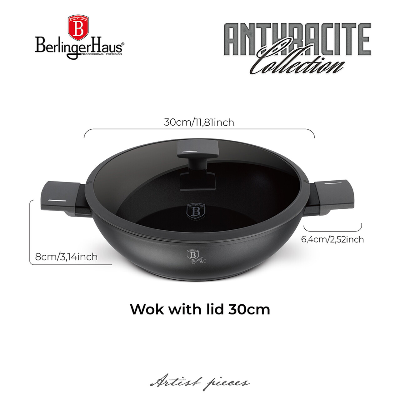 Tigaie Wok cu capac Berlinger Haus, Anthracite, 30 cm, aluminiu forjat, antracit mat - imagine 8