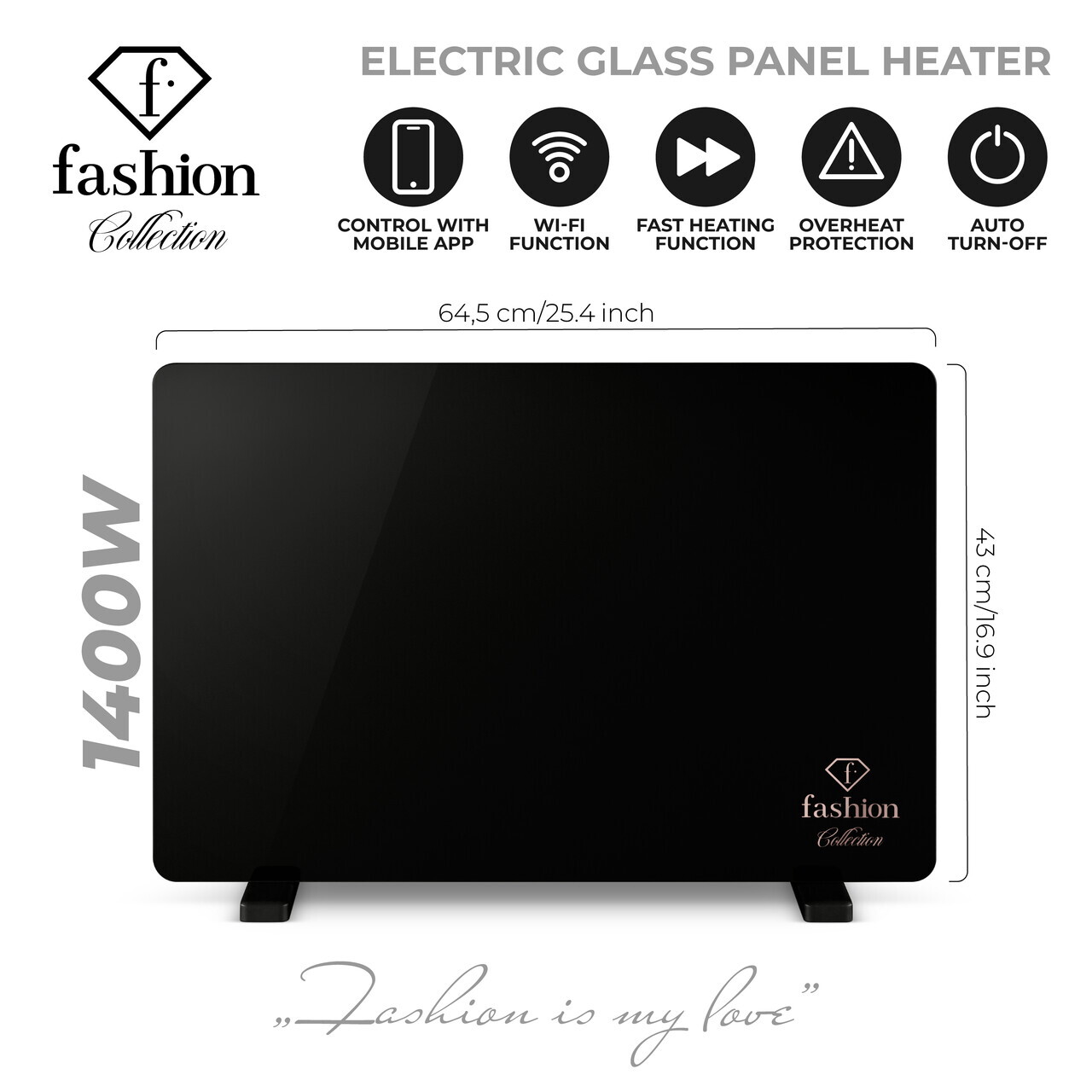 Panou electric de incalzire Fashion TV, Black Rose, 64.5x6.6x43 cm, 1400W, sticla securizata, negru - view 9