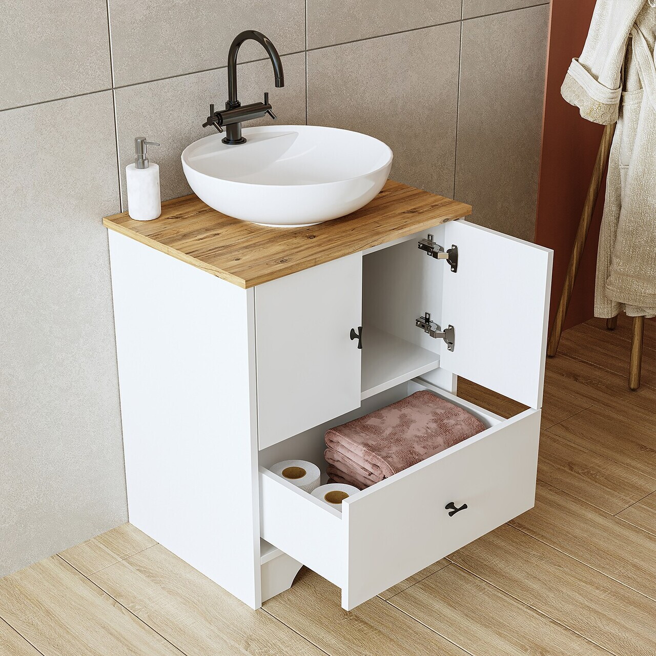 Dulap de baie cu chiuvetă, Hanah Home, 2379, 60x72x45 cm, MDF-LAM, Alb mat — imaginea 3
