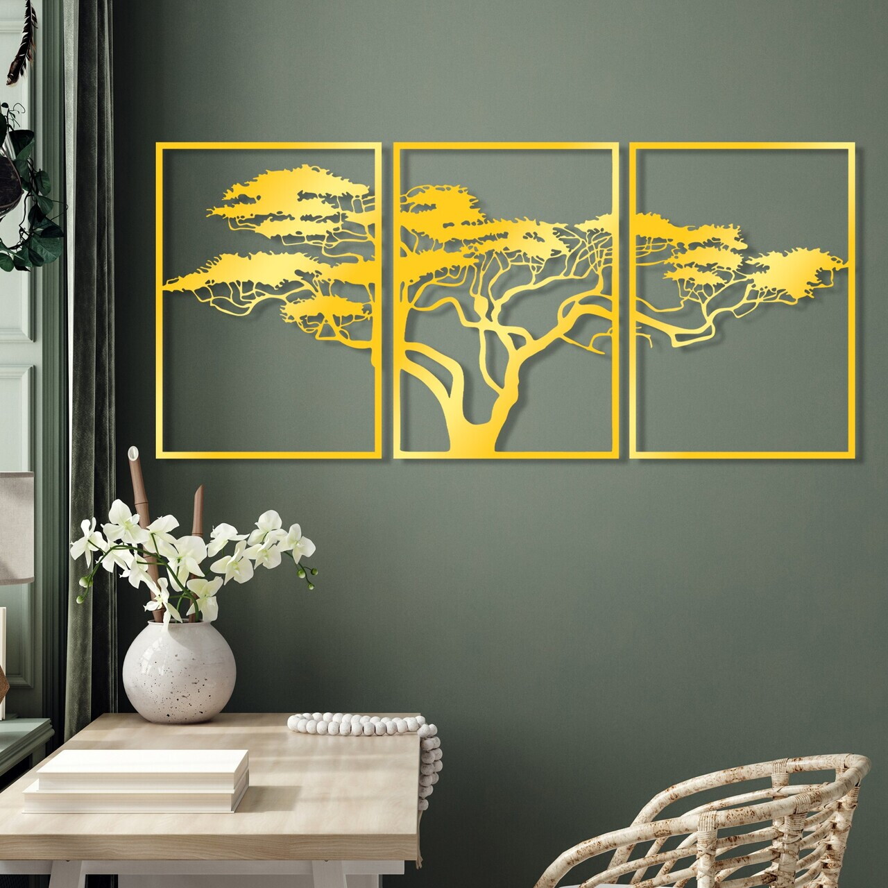 Decoratiune de perete, Golden Triple Tree 6, Dimensiune: 51 x 73 cm (3 bucăți), Auriu