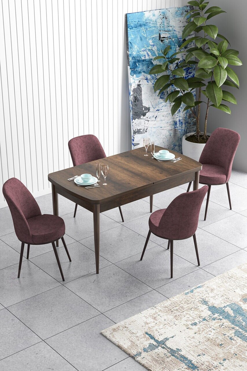 Set masa extensibila si scaune (5 piese), Hanah Home, Han, Model baroc din lemn / Roz prăfuit