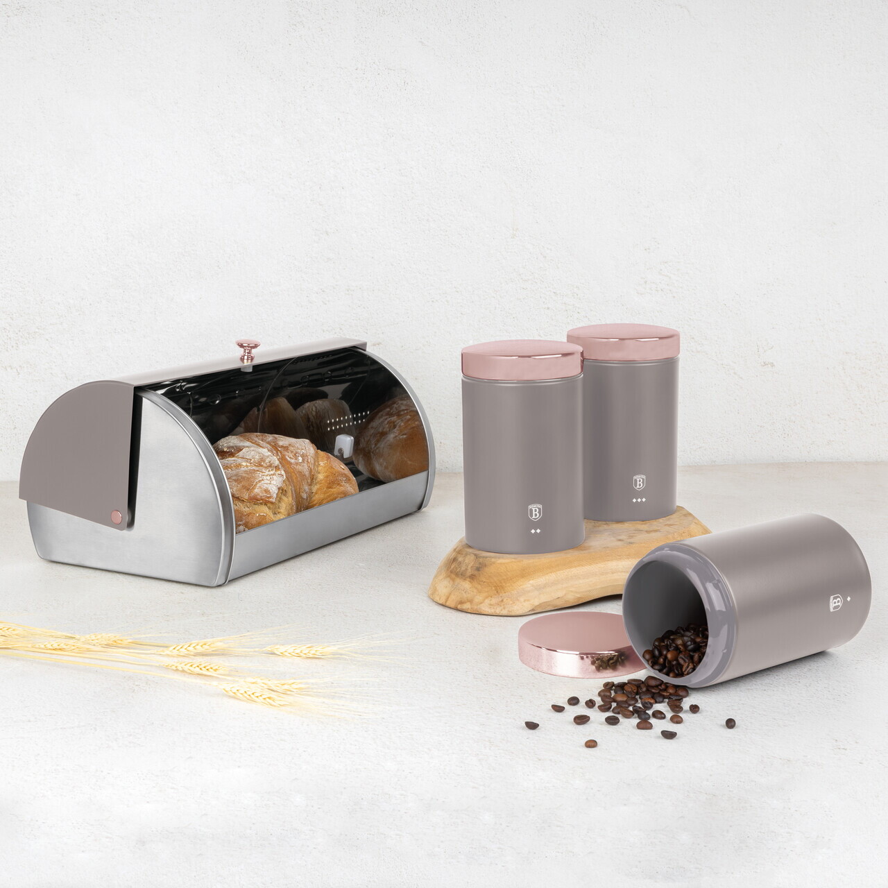 Set cutie pentru paine si 3 recipiente Berlinger Haus, Taupe, 38.5x28x18.5 cm, inox, taupe - imagine 3