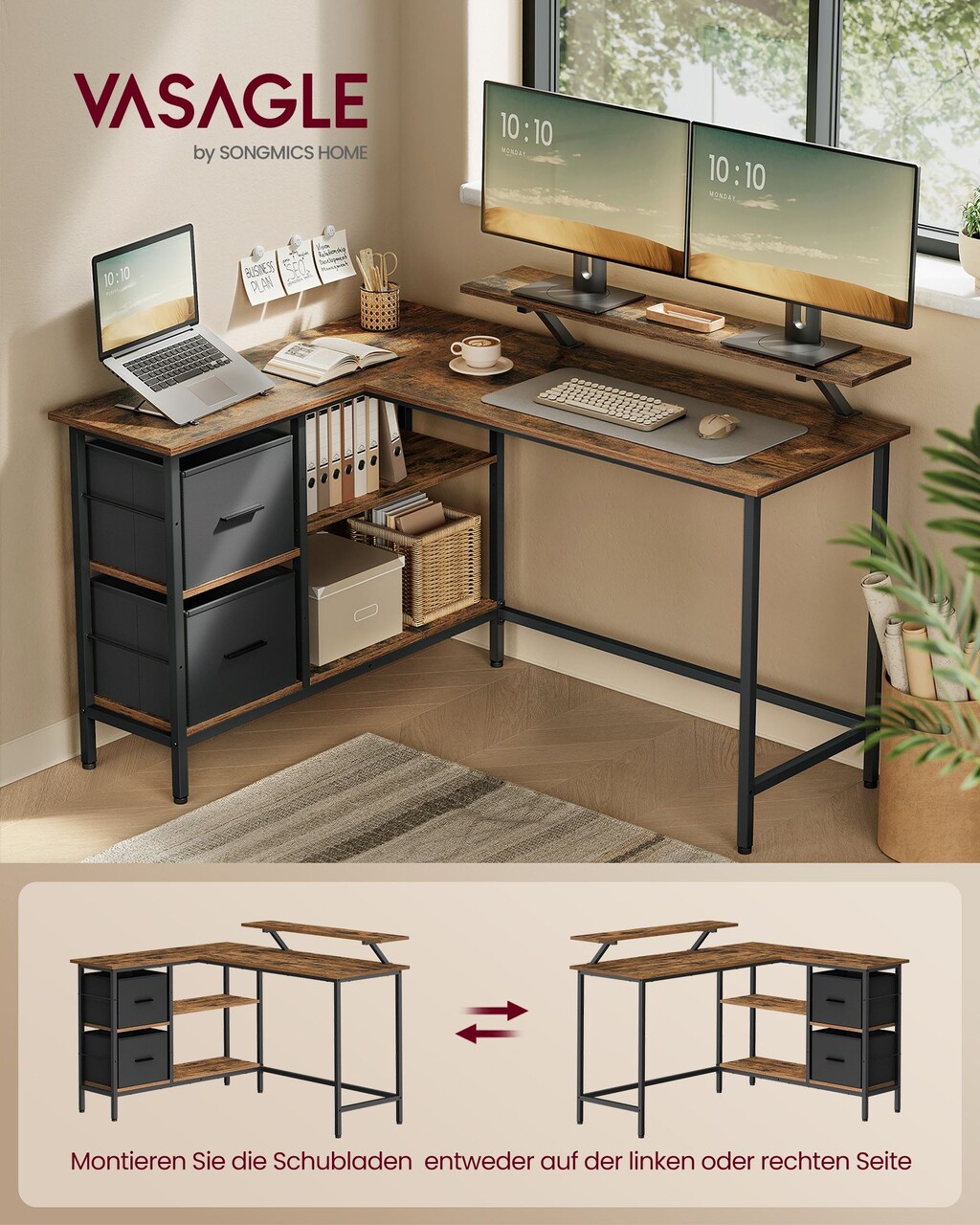 Birou in forma de L / birou de colt, Vasagle, Gaming Desk, reversibil, cu suport monitor, rafturi, cosuri, 105x135x89.5 cm, PAL/otel, maro rustic