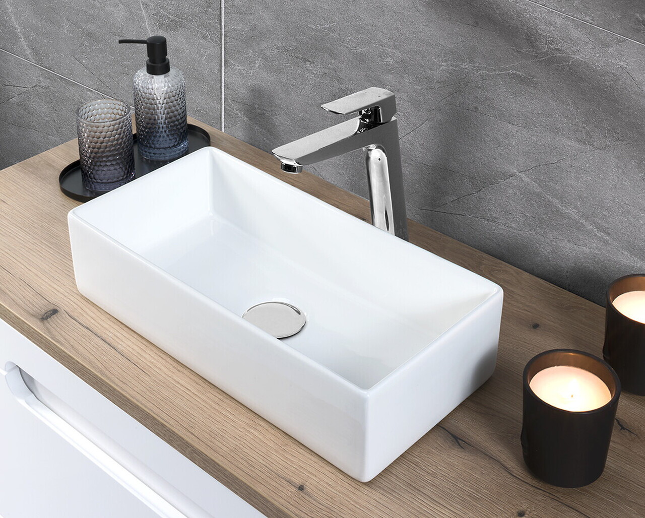 Set mobilier baie Nova Coast Evoke Gaja 50 cm, dulap inalt si masca cu lavoar, Comad, MDF/PAL, stejar
