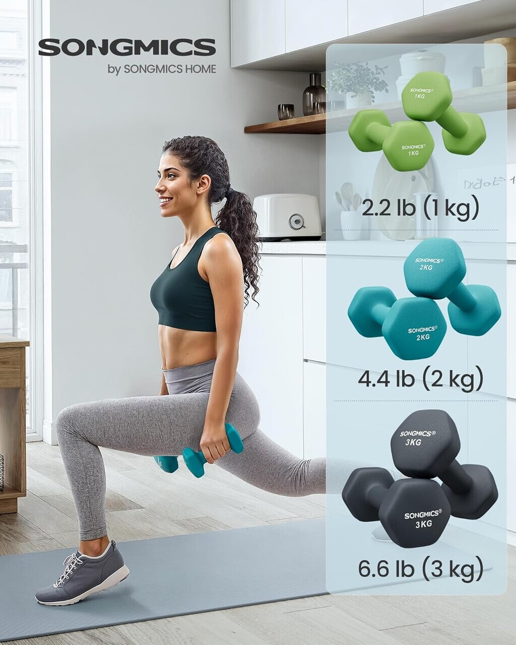 Set gantere fitness 6 piese cu suport, 2 x 1 kg + 2 x 2 kg + 2 x 3 kg, Songmics, neopren, verde/teal/gri inchis - imagine 11