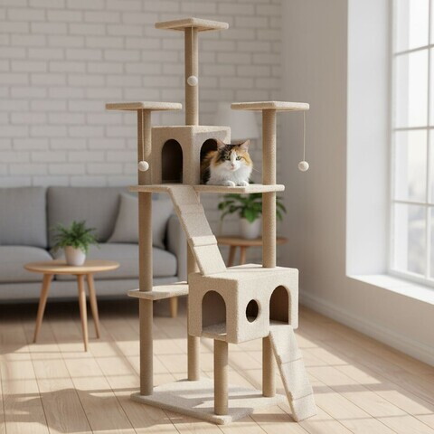 Casă pentru pisici, Paws & Whiskers, Verona, MATERIAL TEXTIL WELSOFT, Bej