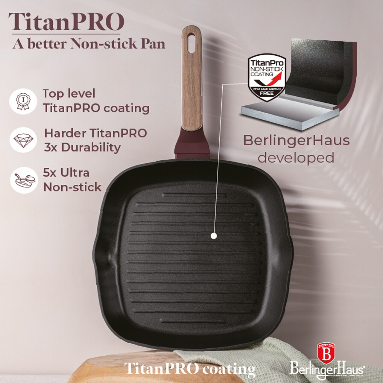 Tigaie grill Berlinger Haus, Leonardo Nordic, 28 cm, 2.1 L, aluminiu forjat, visiniu mat - imagine 16
