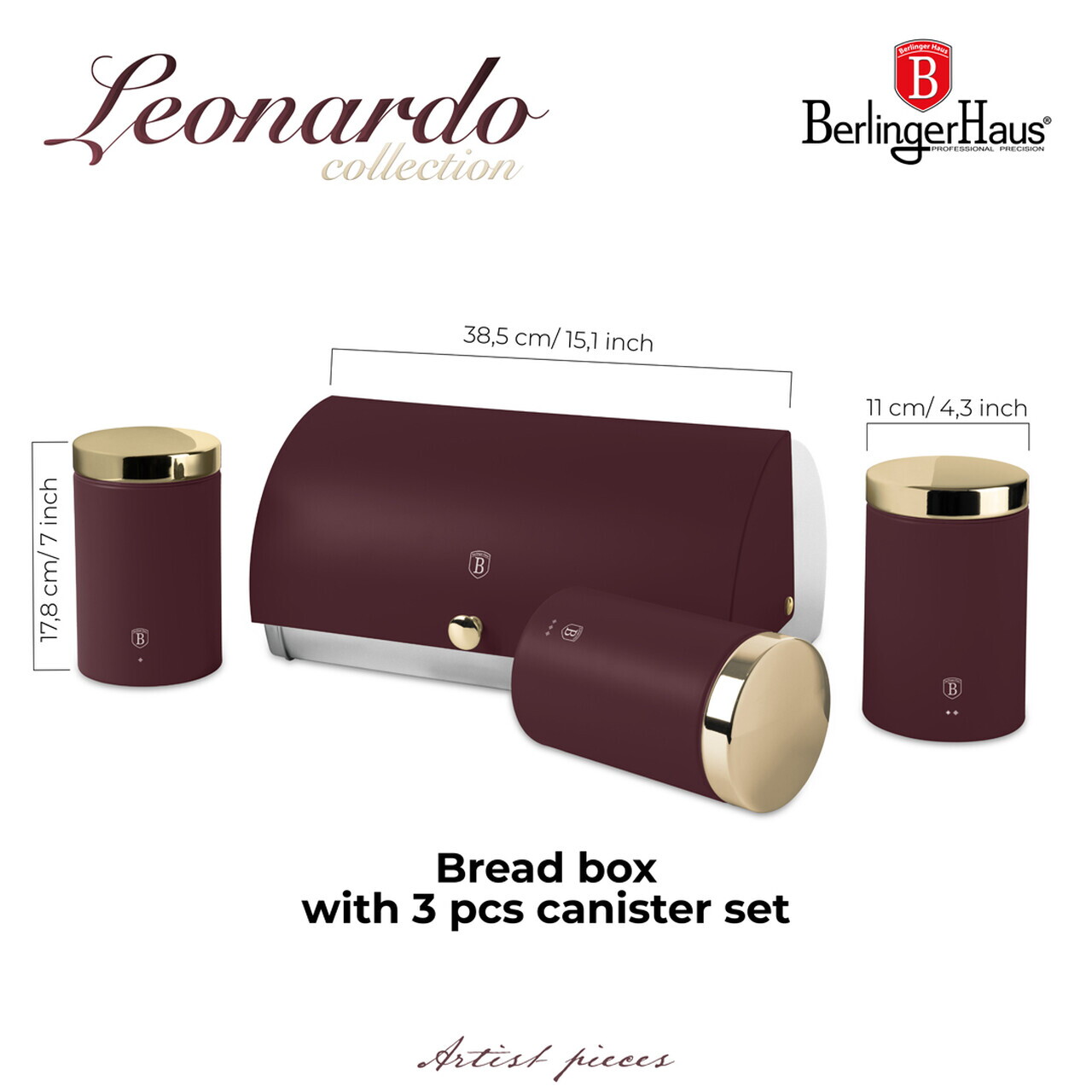 Set cutie pentru paine si 3 recipiente Berlinger Haus, Leonardo, 38.5x28x18.5 cm, inox, visiniu - imagine 2