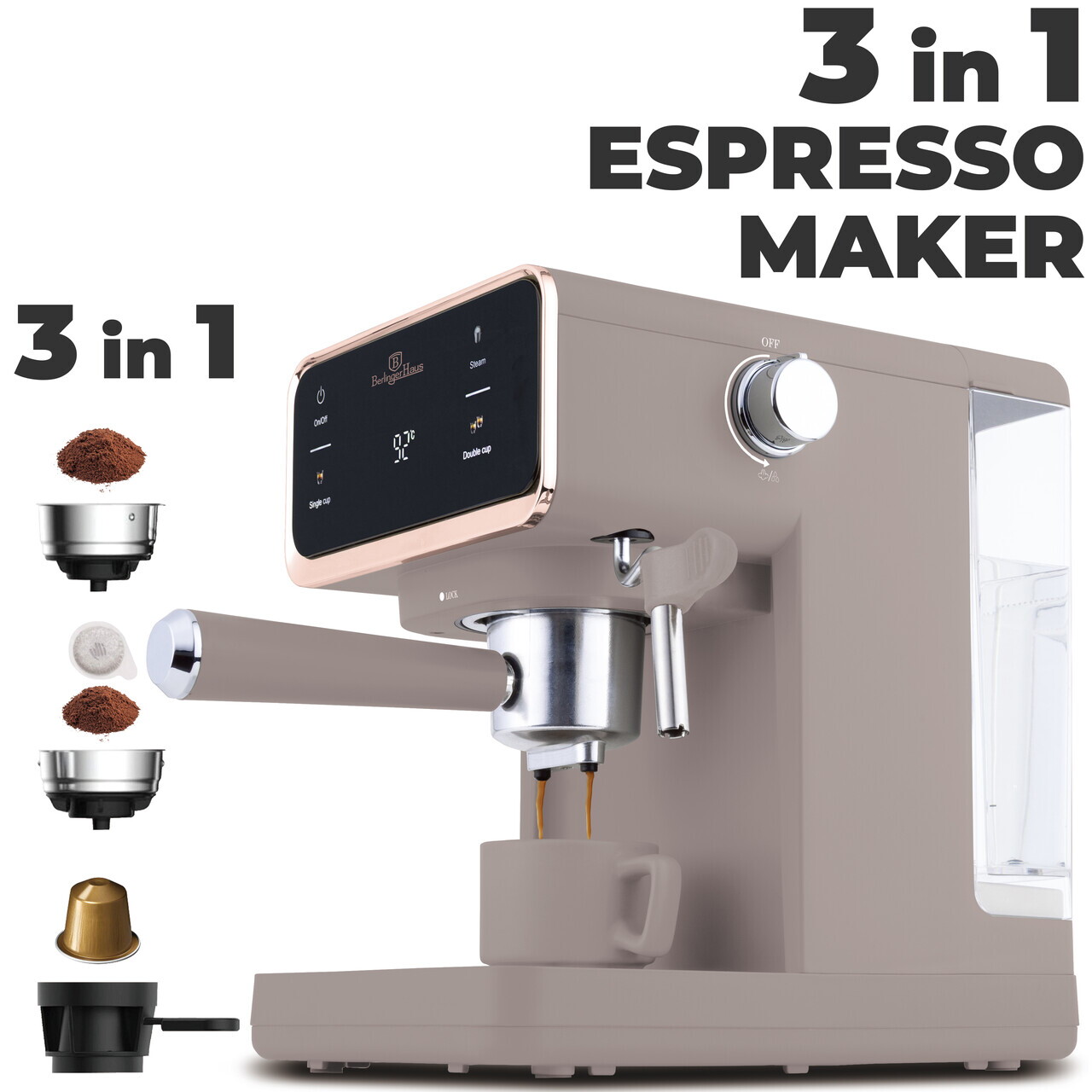 Espressor digital 3 in 1 Berlinger Haus, Taupe, 950W, 21x25.9x28 cm, inox, taupe mat - view 15