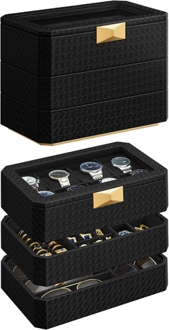 Cutie de ceasuri cu 3 niveluri Ronne, Songmics, 27.3x16.3x20.5 cm, 8 compartimente, piele ecologica/metal, negru/gri