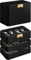 Cutie de ceasuri cu 3 niveluri Ronne, Songmics, 27.3x16.3x20.5 cm, 8 compartimente, piele ecologica/metal, negru/gri