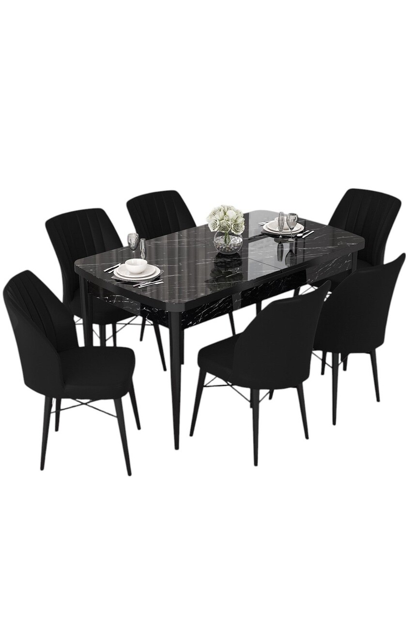 Set masa extensibila si scaune, Hanah Home, Nef, Marmură neagră / Negru - view 2