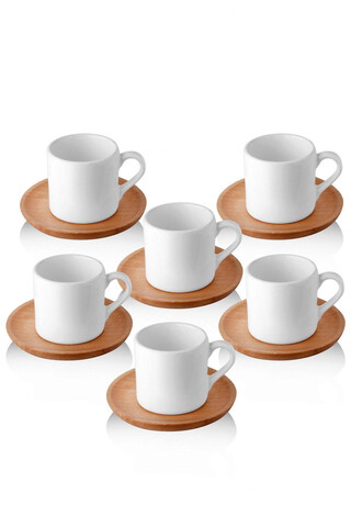 Set cesti de cafea, Rowe, 196RWE2503, Ceramica, Farfurioara din fag Ø 10.5 cm, 6 piese, Alb