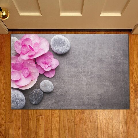 Covoras de intrare orchids, casberg, 38x58 cm, poliester, roz/gri
