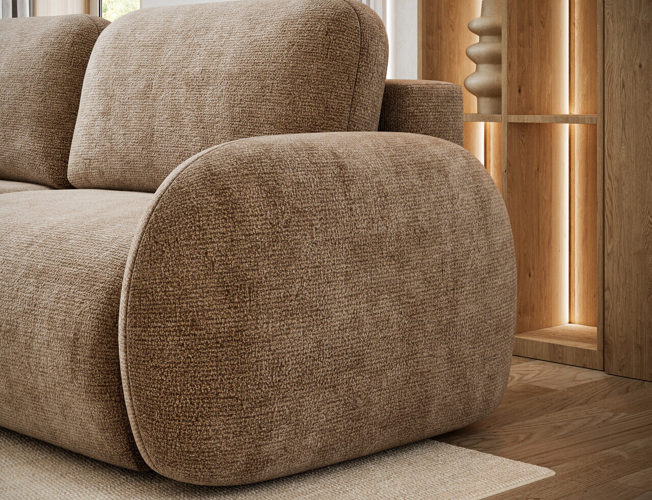 Canapea extensibila 3 locuri ELTAP, Avuela, 250x105x94 cm, lemn/tesatura chenille, maro deschis — imaginea 9