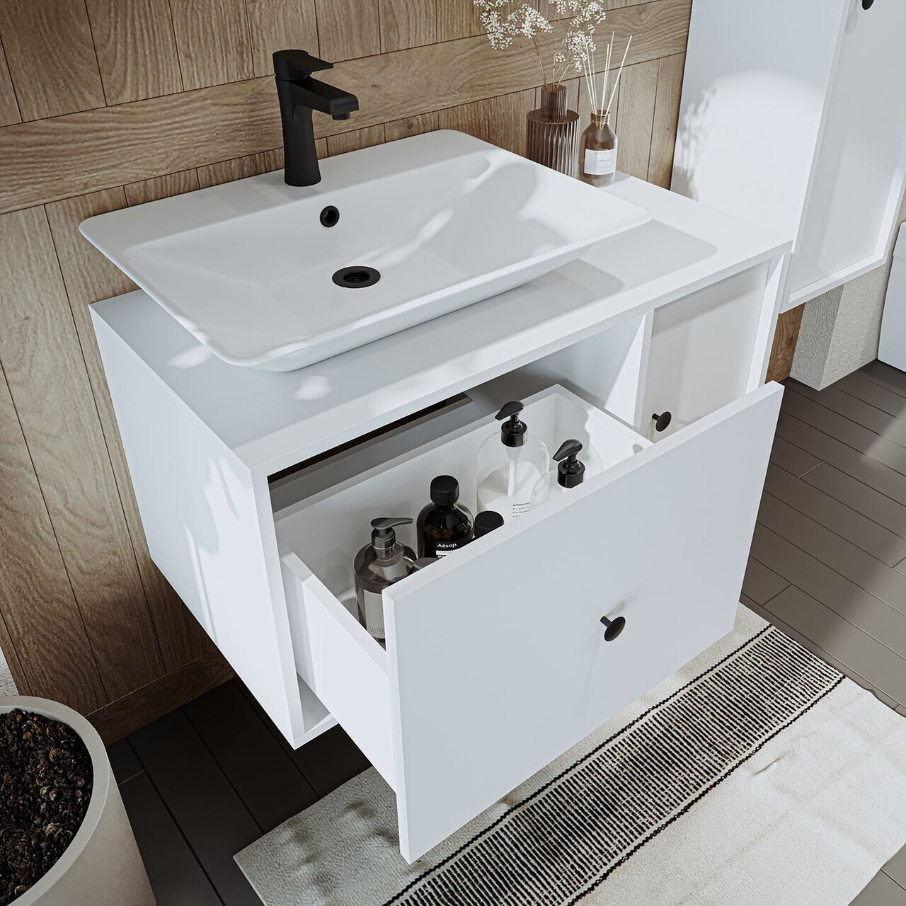 Dulap de baie cu chiuvetă, Hanah Home, 2537, 90x56.5x45 cm, MDF, Alb — imaginea 5