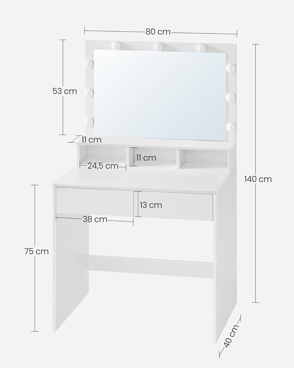 Masa de toaleta cu oglinda cu LED-uri / masuta dressing, Vasagle, 80s40s137.5 cm, MDF, alb