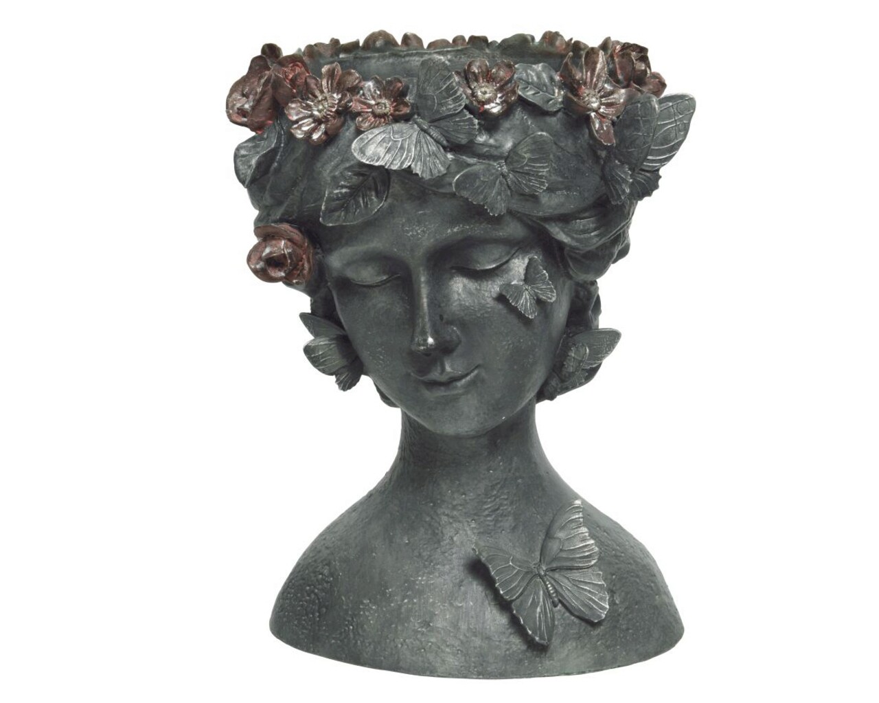 Ghiveci Women bust antique w flowers, Decoris, 16.5 x 17.5 x 23 cm, polirasina, verde antic