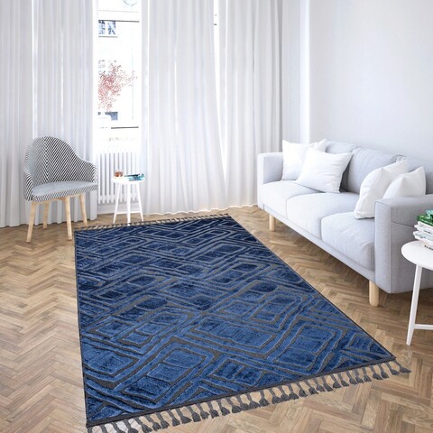 Covor de hol, las monte 3009, 80x150 cm, 60% bumbac;40% fibre acrilice, gri/albastru marin