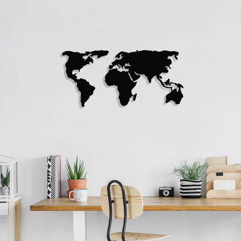 Decoratiune de perete, dünya haritasi 2, metal, dimensiune: 125 x 60 cm, negru