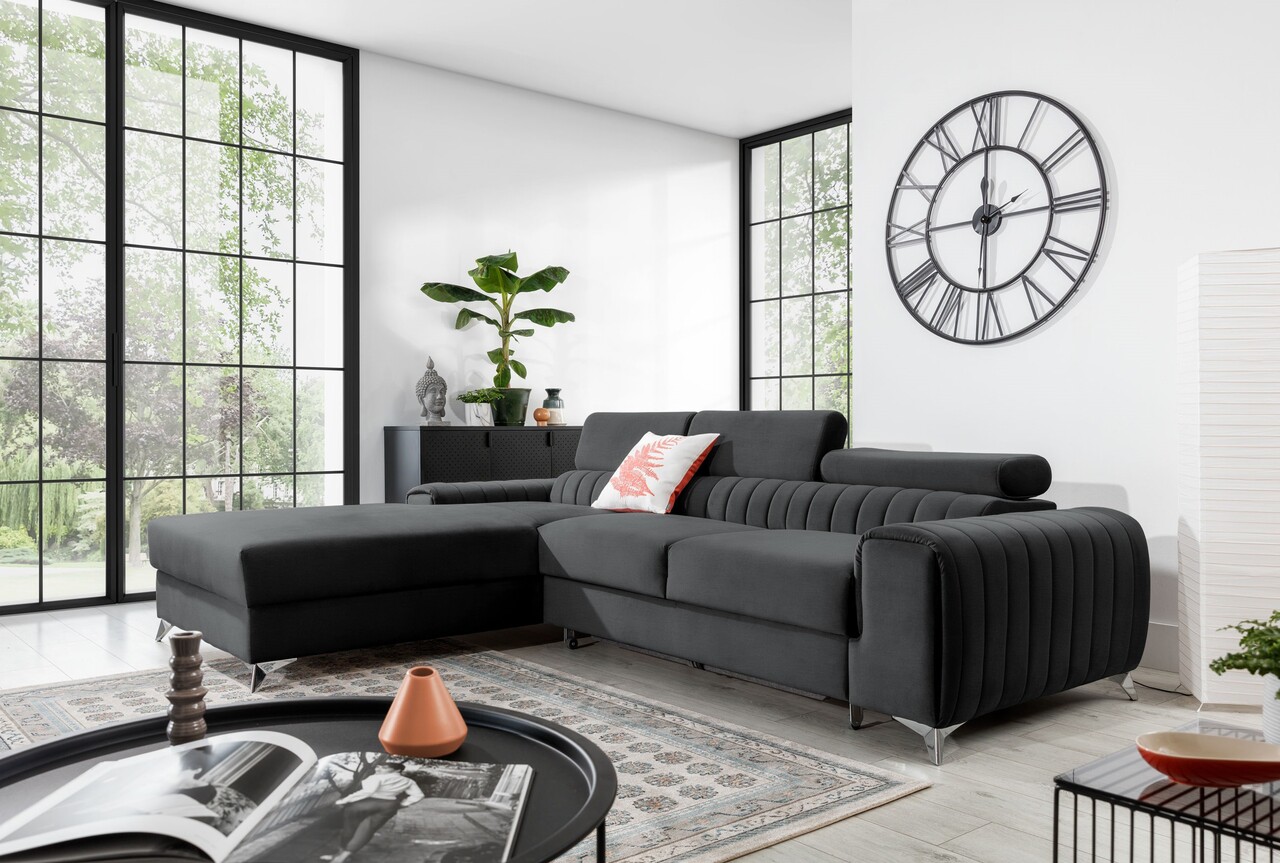Coltar extensibil stanga 3 locuri ELTAP, LT-06NU, Grayson, 278x205x92 cm, lemn/poliester, gri inchis