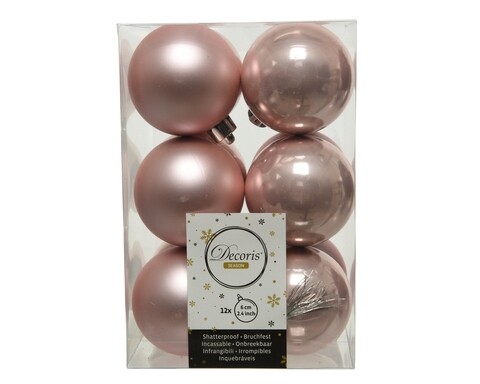 Cutie cu 12 globuri asortate Parle Mix, Decoris, Ø6 cm, plastic, roz perlat
