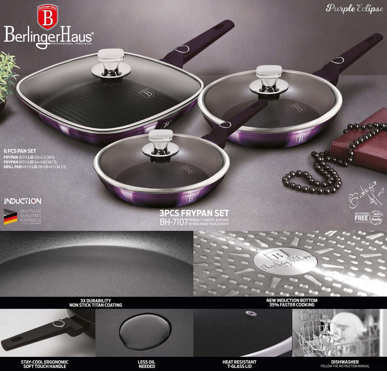 Set 3 tigai cu capac Berlinger Haus, Purple Eclipse, 20/24/28 cm, aluminiu forjat, mov - imagine 3