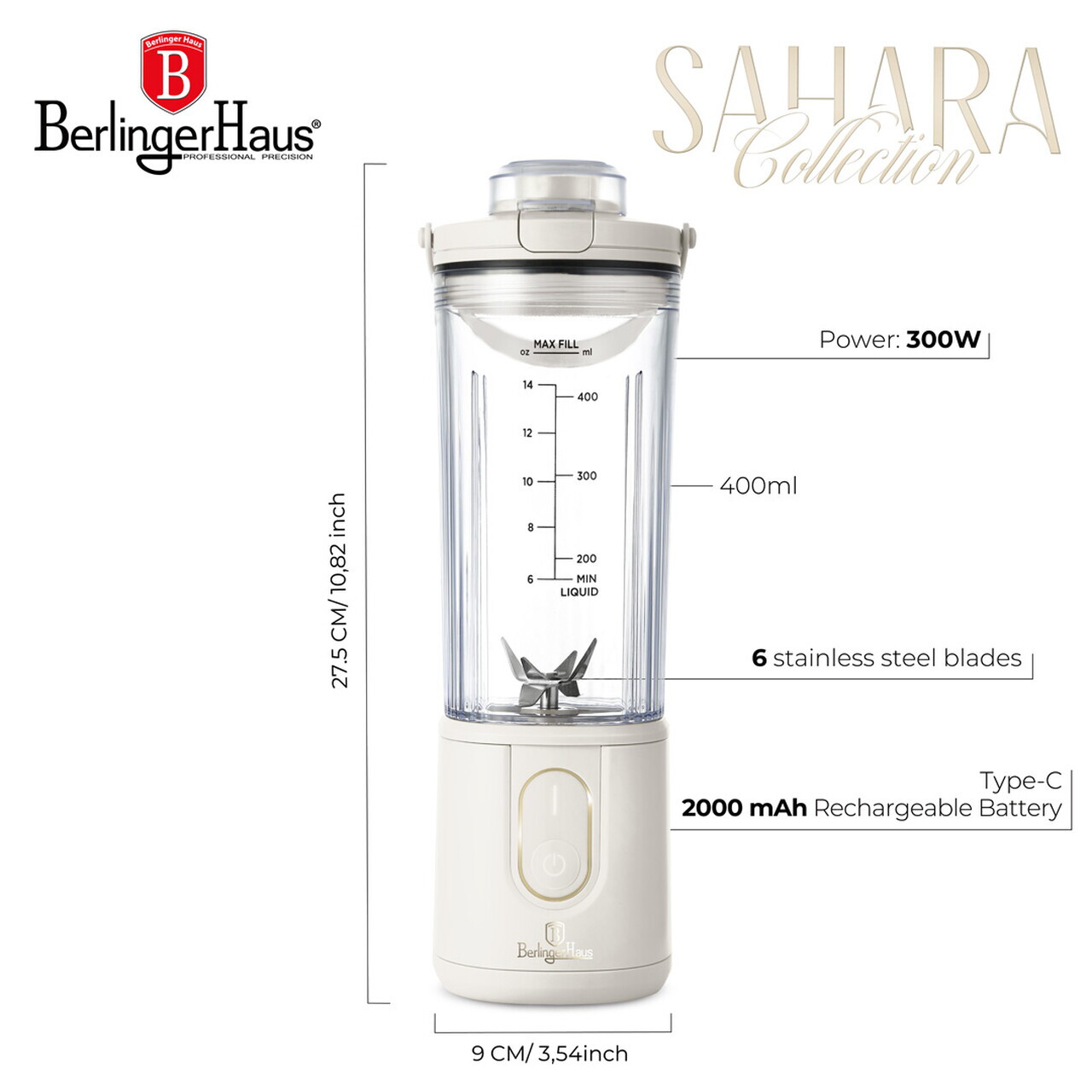 Blender portabil Berlinger Haus, Sahara, 400 ml, 110W, 9x27.2 cm, inox/plastic, crem/transparent - view 8