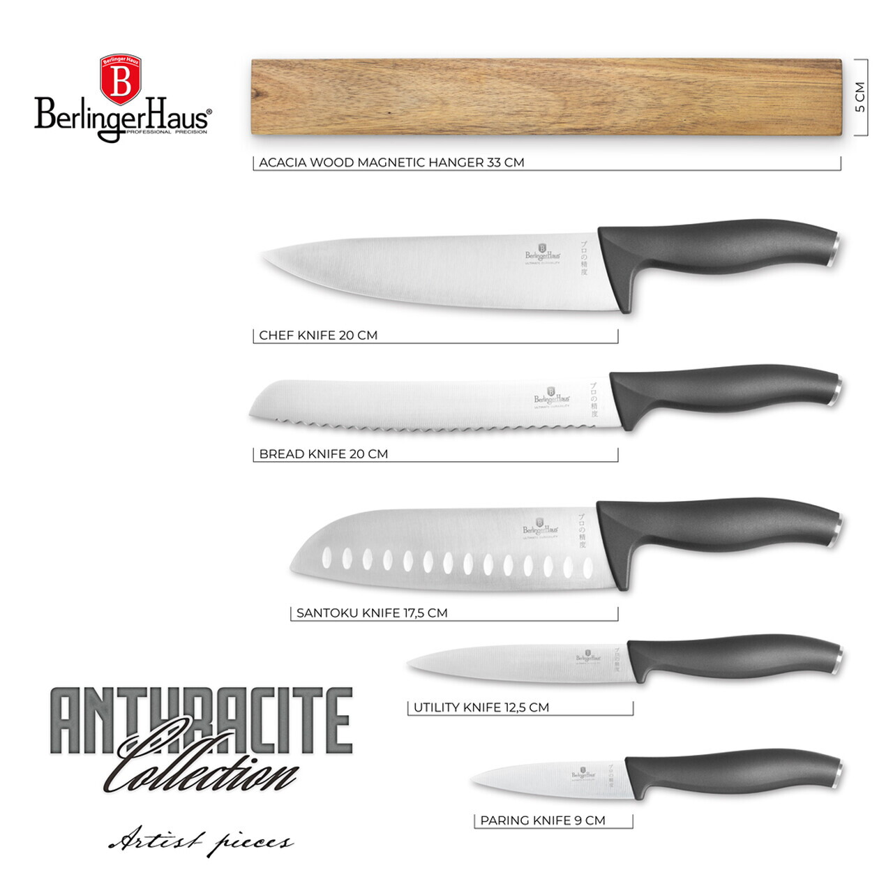 Set 5 cutite cu suport magnetic Berlinger Haus, Anthracite, inox/lemn, antracit mat/natur - imagine 14